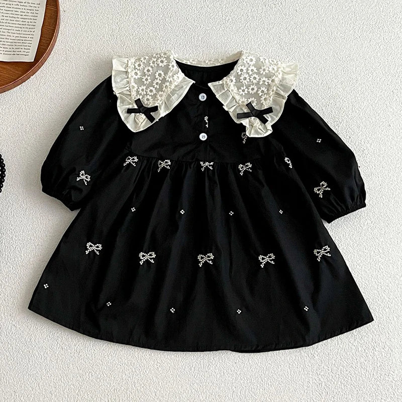 Baby Girls Goth Long Sleeve Bow Embroidered Sisters Romper / Dress