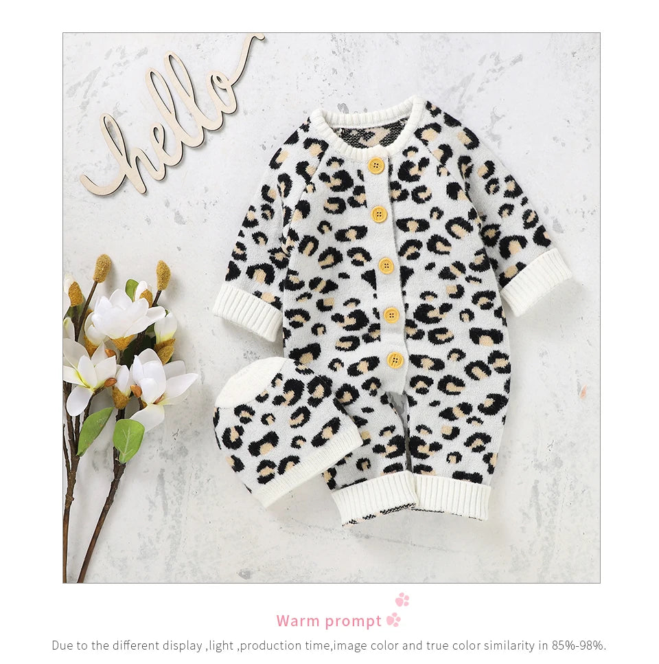 Baby Girl Leopard Knitted Long Sleeve 2 PC Jumpsuit with Matching Hat