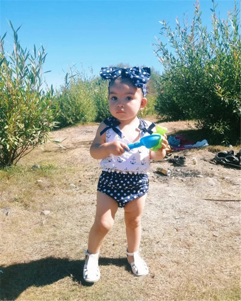 Baby Girls Nautical Polka Dot 3PC Set with Matching Headband