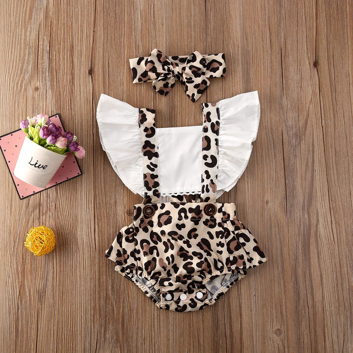 Girls / Baby Leopard Print Summer 2PC Romper with Matching Headband