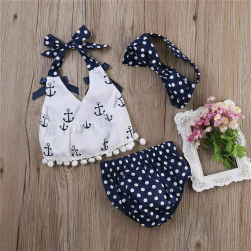 Baby Girls Nautical Polka Dot 3PC Set with Matching Headband