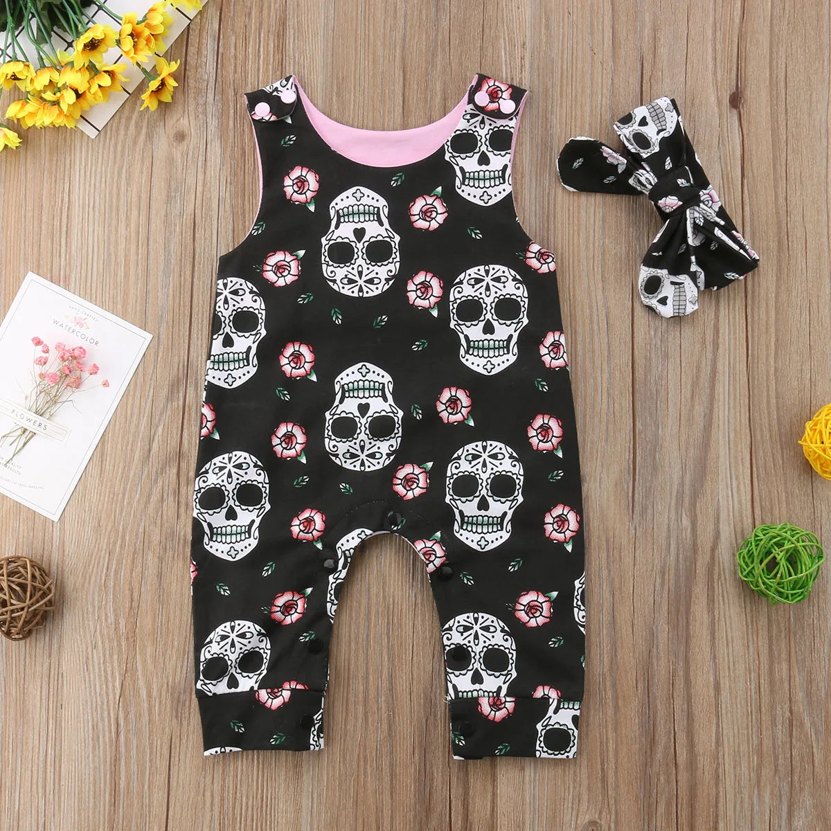 Baby Girl Sleeveless Overalls Skull Jumpsuit with Headband