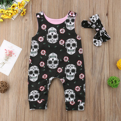 Baby Girl Sleeveless Overalls Skull Jumpsuit with Headband