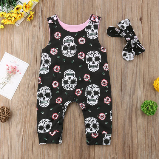 Baby Girl Sleeveless Overalls Skull Jumpsuit with Headband