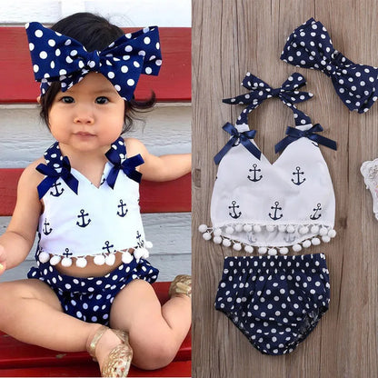 Baby Girls Nautical Polka Dot 3PC Set with Matching Headband