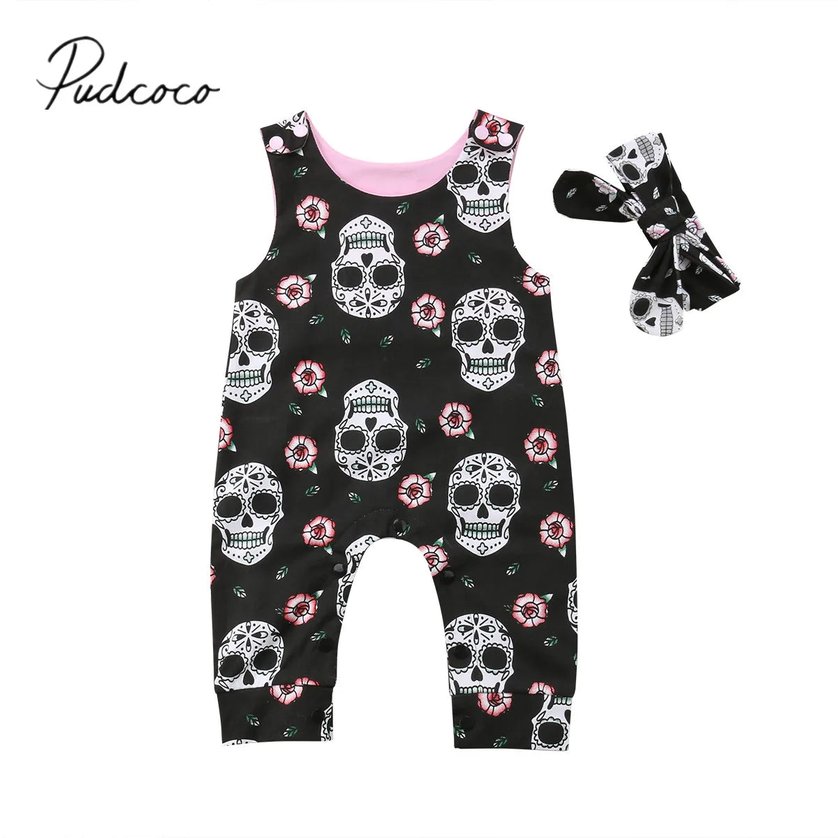 Baby Girl Sleeveless Overalls Skull Jumpsuit with Headband