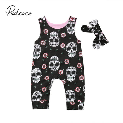 Baby Girl Sleeveless Overalls Skull Jumpsuit with Headband