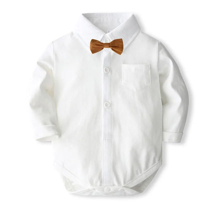 Baby Boy Tiny Gentleman Long Sleeve Bowtie Romper w/ Suspender Pants and Hat 3 Piece Set