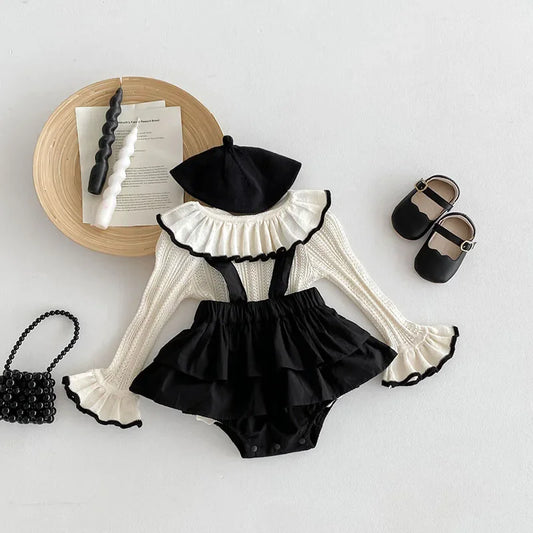 Baby Girl Knitted Lotus Leaf Collar Blouse and Ruffle Overalls Skirt 2PC Set