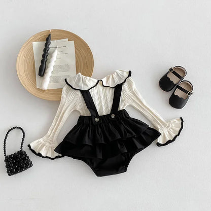 Baby Girl Knitted Lotus Leaf Collar Blouse and Ruffle Overalls Skirt 2PC Set