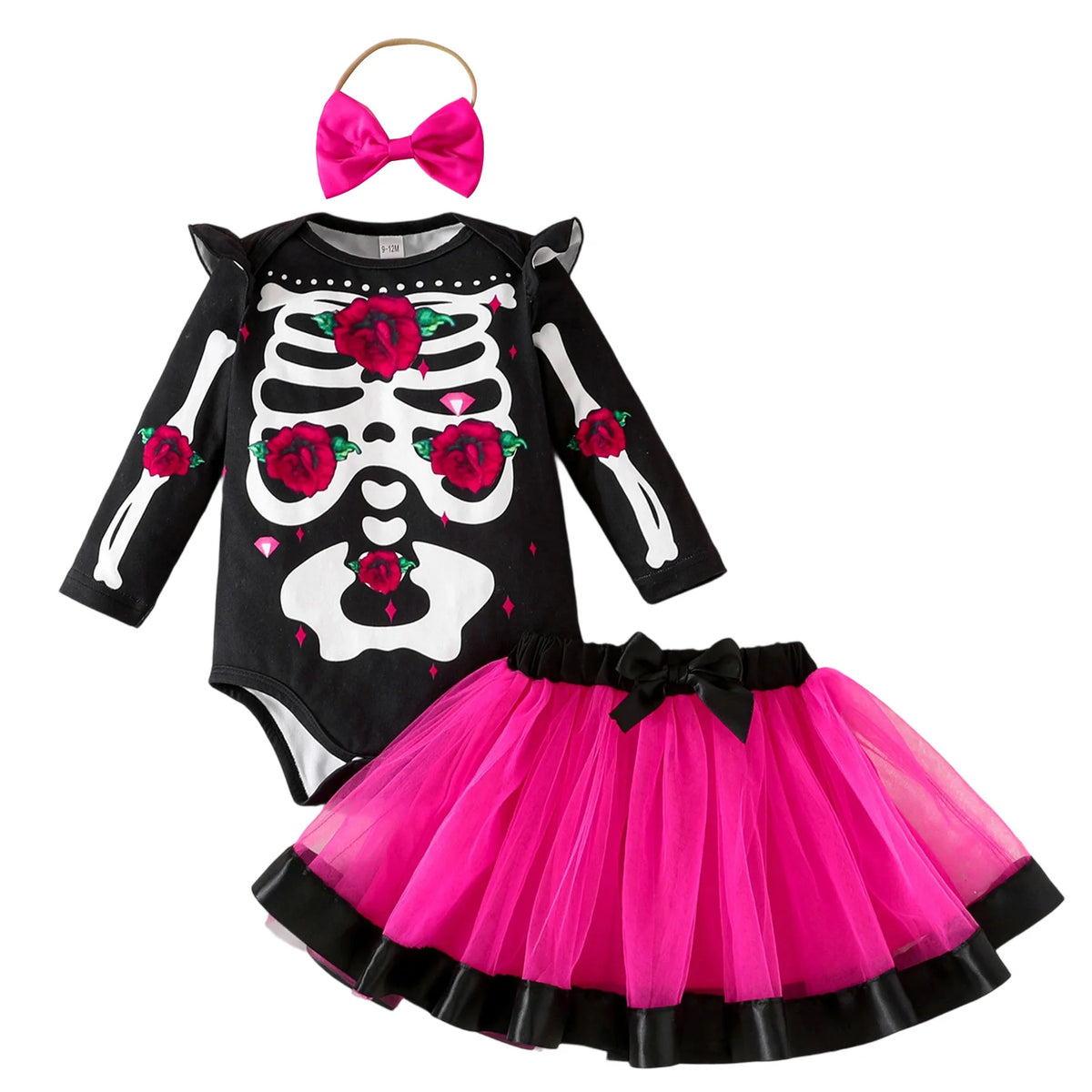 Halloween Baby Girl Skeleton Rose Print Long Sleeve Romper, Tulle Skirt and Matching Bow Headband 3 Pcs Set
