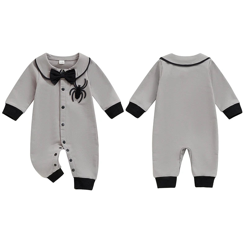 Halloween Baby Boy Pubert Addams Bow Tie and Spider Long Sleeve Jumpsuit