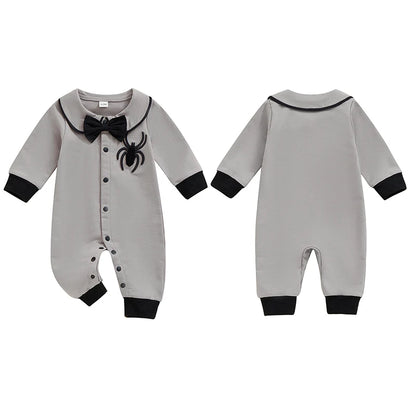 Halloween Baby Boy Pubert Addams Bow Tie and Spider Long Sleeve Jumpsuit