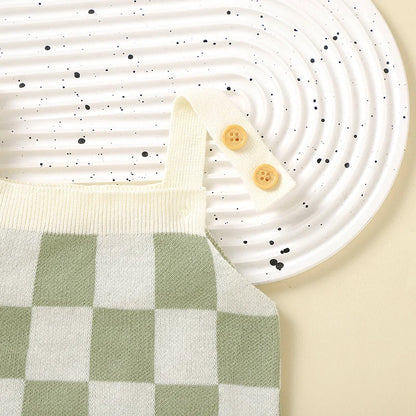 Baby Checkered Print Knitted Overall Sleeveless Onesie