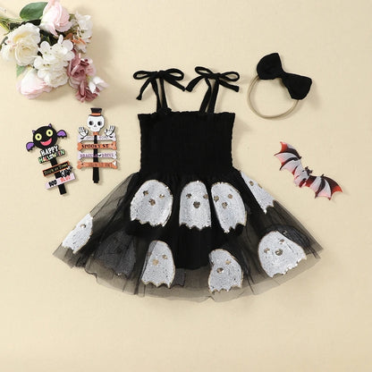 Halloween Infant Baby Girl Sequin Ghosts Jumpsuit w/ Tulle Skirt and Matching Bow Headband