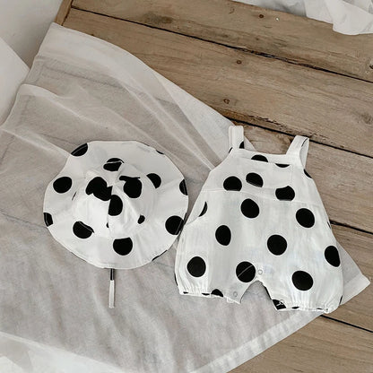 Baby Two Piece Summer Large Polk-A-Dot Overalls Romper With Matching Sun Hat Set