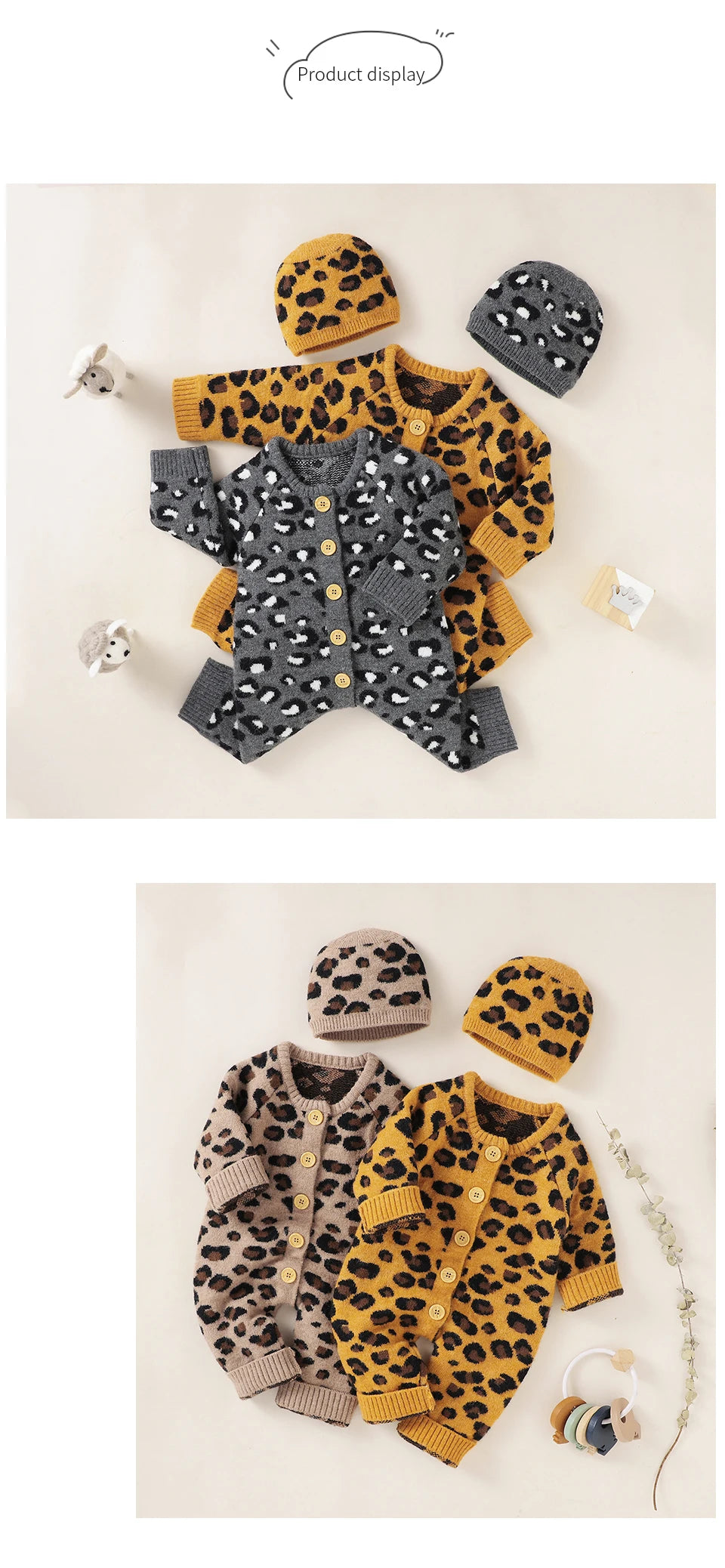 Baby Girl Leopard Knitted Long Sleeve 2 PC Jumpsuit with Matching Hat