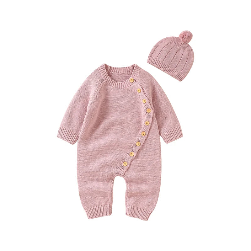 Baby Long Sleeve Knitted Jumpsuit with Matching Beenie