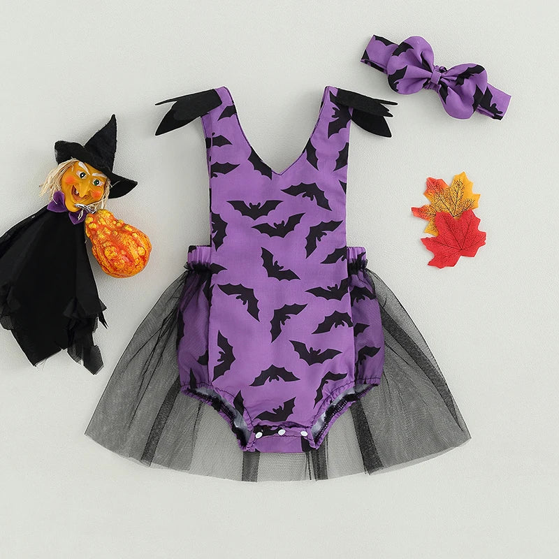 Halloween Baby Girl Bat Print Mesh Romper 2 Piece Outfit