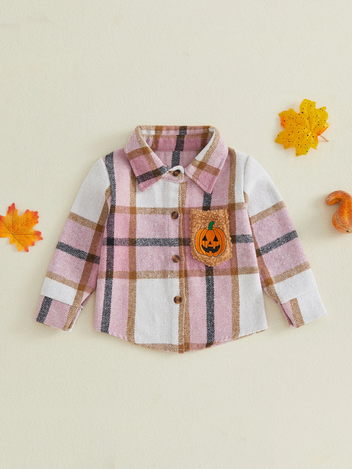 Toddler Girls Lightweight Plaid Flannel with Embroidered Pumpkin
