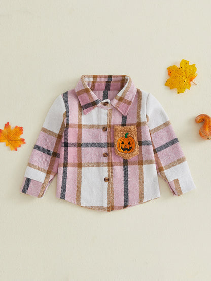 Toddler Girls Lightweight Plaid Flannel with Embroidered Pumpkin