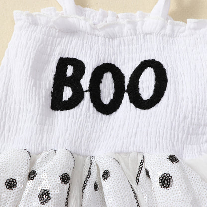 Halloween Infant Baby Girl Sequin Ghosts Jumpsuit w/ Tulle Skirt and Matching Bow Headband