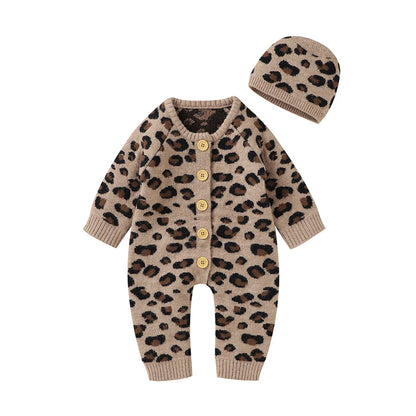 Baby Girl Leopard Knitted Long Sleeve 2 PC Jumpsuit with Matching Hat