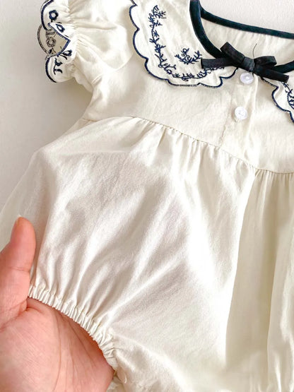Baby Girl Embroidered Lapel Short Sleeve Triangle Jumpsuit