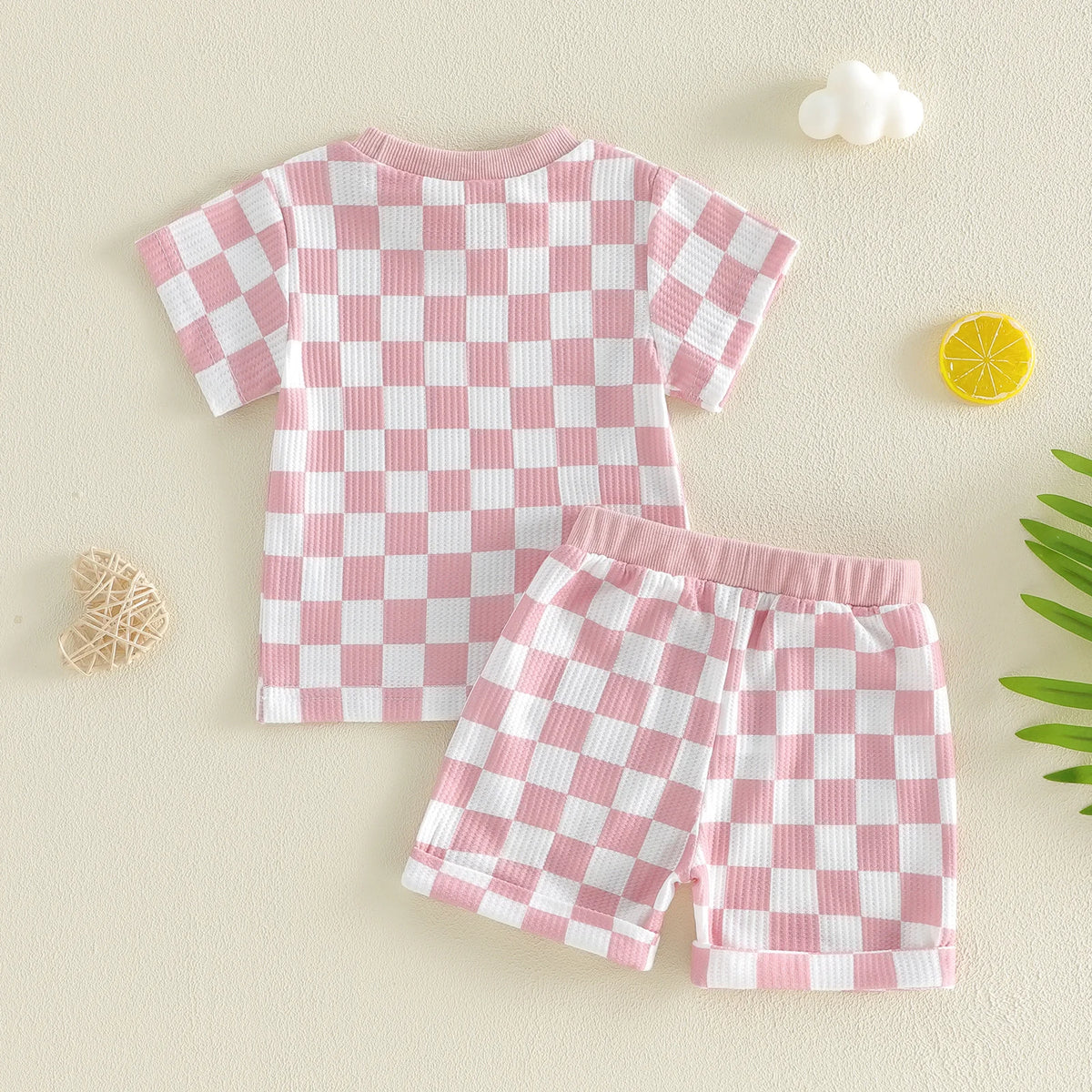 Baby Girl Checkered Print Short Sleeve Waffle Tops with Shorts 2Pcs Set