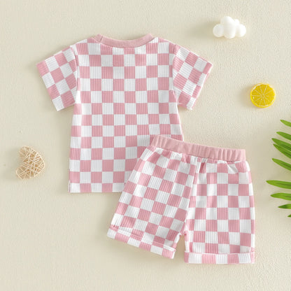 Baby Girl Checkered Print Short Sleeve Waffle Tops with Shorts 2Pcs Set