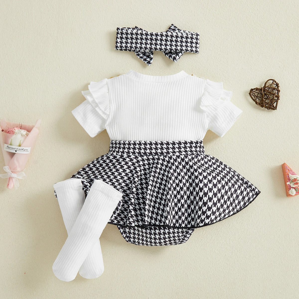 Baby Girls Houndstooth Ribbed Romper Dress with Matching Headband and Knee High 3 PC Set