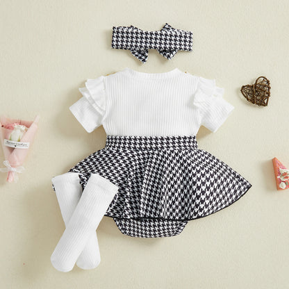 Baby Girls Houndstooth Ribbed Romper Dress with Matching Headband and Knee High 3 PC Set
