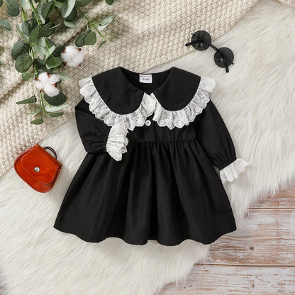 Baby Girl Gothic Long Sleeve Dress with Peter Pan Lace Collar & Sleeves