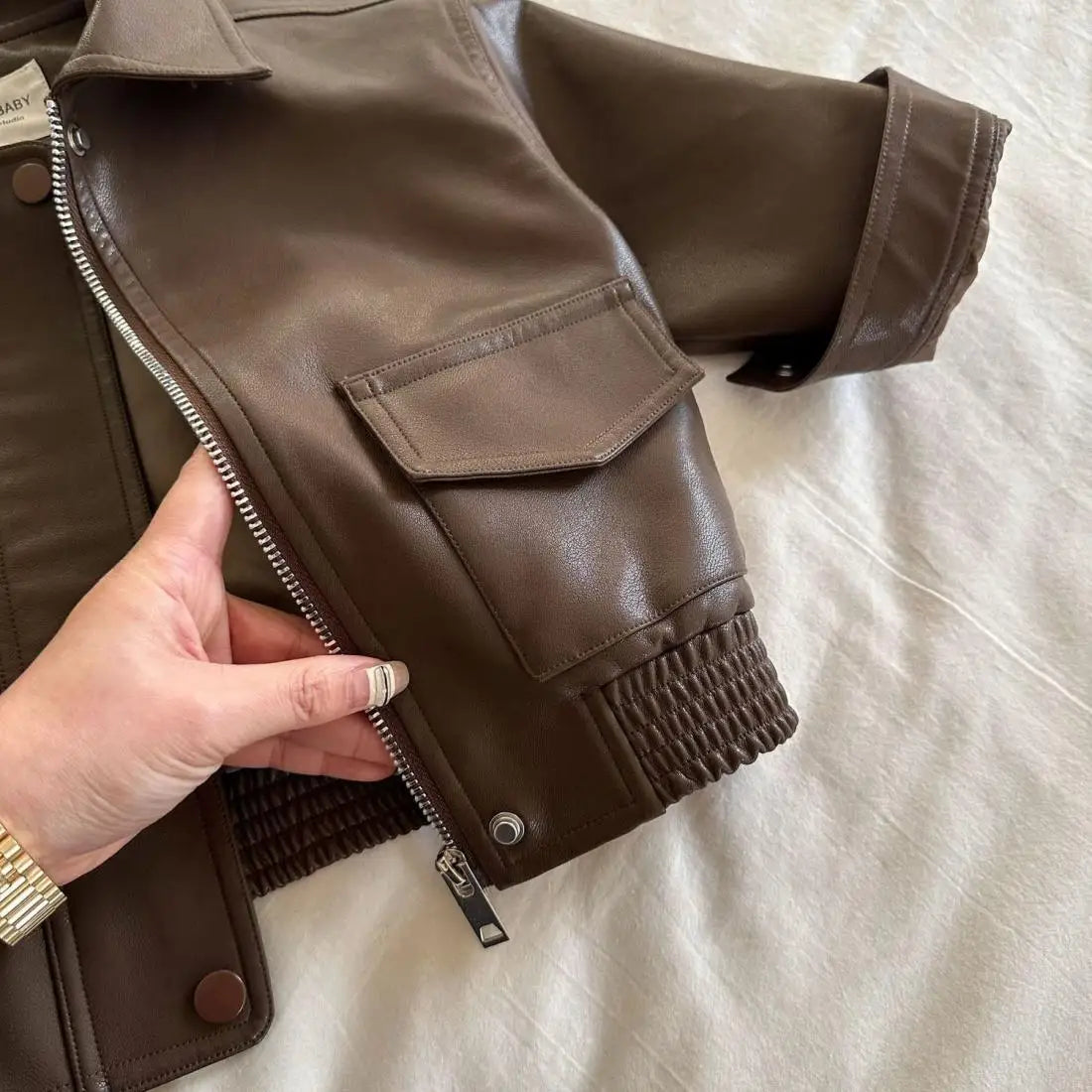 Toddler Boy Brown Lapel Collar PU Leather Jacket