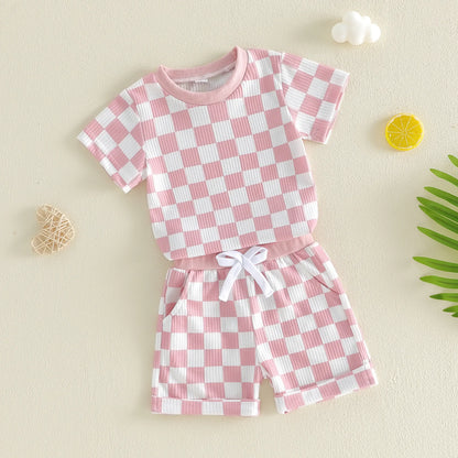 Baby Girl Checkered Print Short Sleeve Waffle Tops with Shorts 2Pcs Set