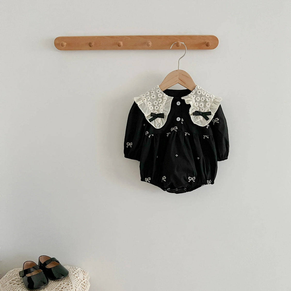Baby Girls Goth Long Sleeve Bow Embroidered Sisters Romper / Dress