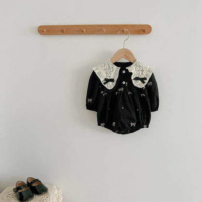 Baby Girls Goth Long Sleeve Bow Embroidered Sisters Romper / Dress