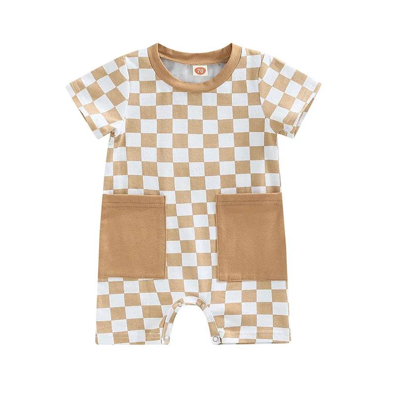 Baby Boy Lightweight Short Sleeve Checkered Print Jumpsuit