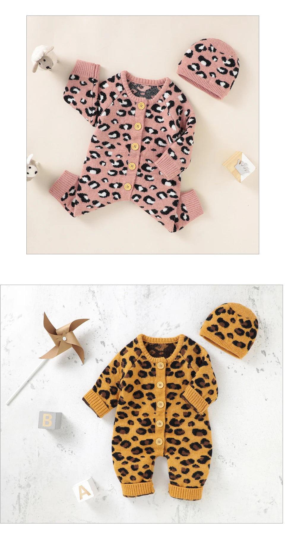 Baby Girl Leopard Knitted Long Sleeve 2 PC Jumpsuit with Matching Hat