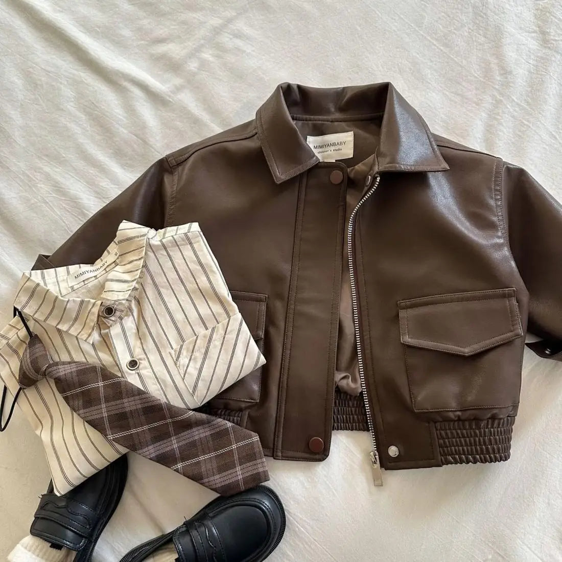 Toddler Boy Brown Lapel Collar PU Leather Jacket