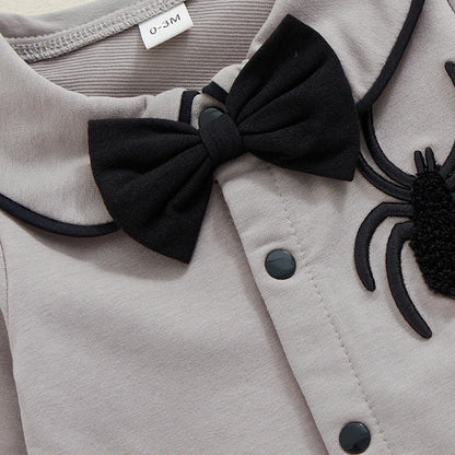 Halloween Baby Boy Pubert Addams Bow Tie and Spider Long Sleeve Jumpsuit
