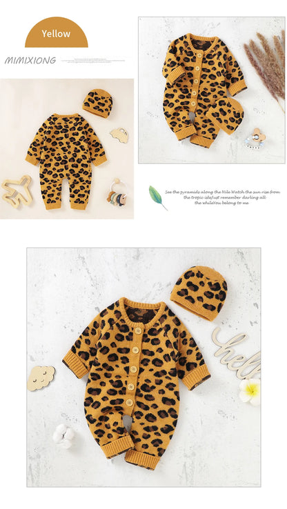 Baby Girl Leopard Knitted Long Sleeve 2 PC Jumpsuit with Matching Hat
