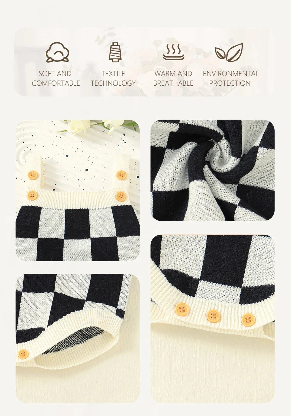 Baby Checkered Print Knitted Overall Sleeveless Onesie