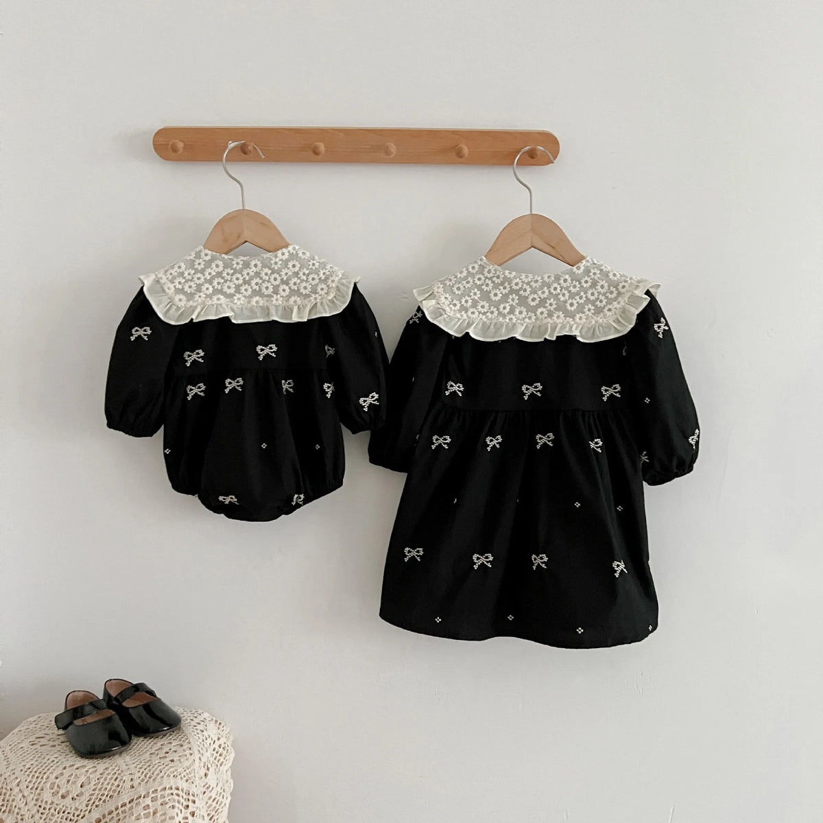 Baby Girls Goth Long Sleeve Bow Embroidered Sisters Romper / Dress