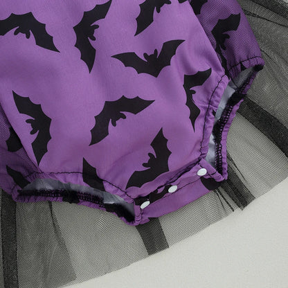 Halloween Baby Girl Bat Print Mesh Romper 2 Piece Outfit