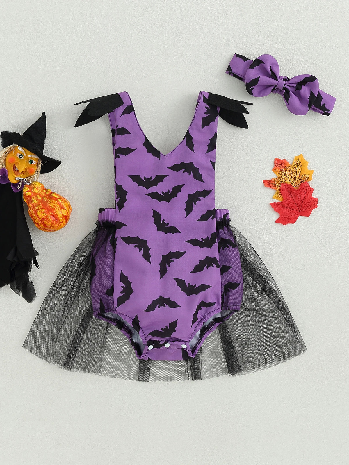 Halloween Baby Girl Bat Print Mesh Romper 2 Piece Outfit