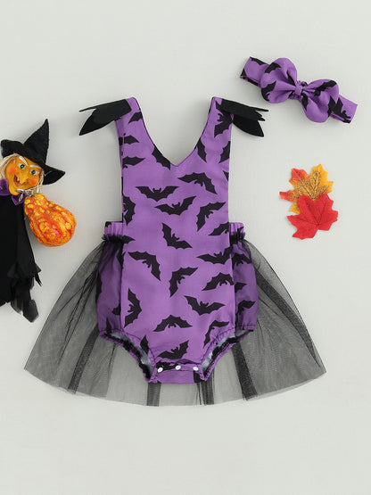 Halloween Baby Girl Bat Print Mesh Romper 2 Piece Outfit