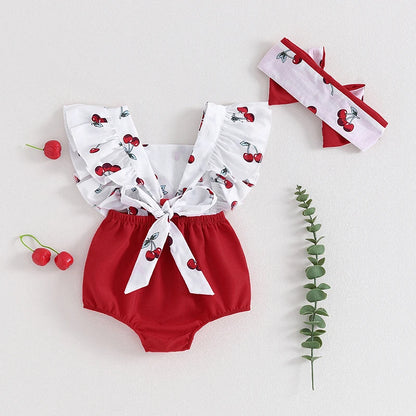 Baby Girl Cherry Print 2 PC Romper with Matching Headband