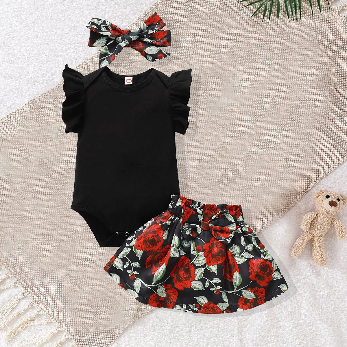 Baby Girl Black Ruffle Sleeve Onesie with Floral Skirt and Matching Headband 3 PC Set