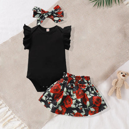 Baby Girl Black Ruffle Sleeve Onesie with Floral Skirt and Matching Headband 3 PC Set